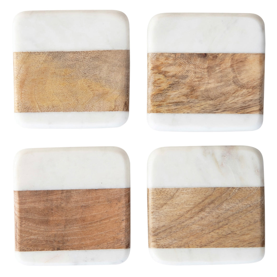 white marble and acacia wood coaster