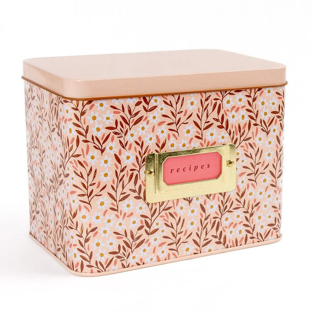 pink daisy tin recipe box